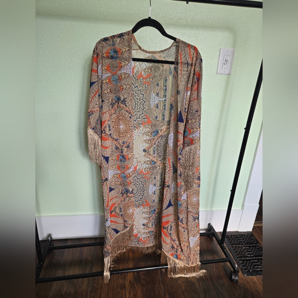 Bohemian Geometric Cape with Fringe - Picture 2 of 4